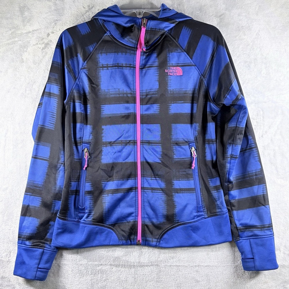 North Face Shelbe Raschel‎ Hoodie Womens Medium Blue Black Plaid Pink Zip Fleece